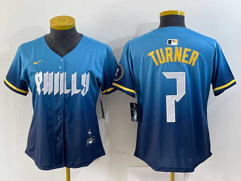 Womens Philadelphia Phillies #7 Trea Turner Blue 2024 City Connect Limited Stitched Jersey->mlb womens jerseys->MLB Jersey